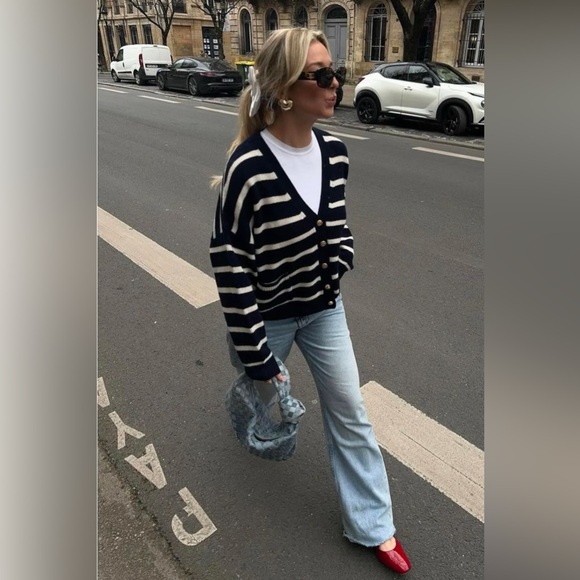 Zara Sweaters - Zara Navy Striped 100% Wool Cropped Cardigan Size Small Blogger Favourite Casual